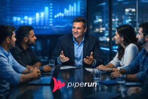 Equipe de vendas brasileira reunida em sala corporativa, com gerente conduzindo discussão estratégica diante de painel com gráficos, representando a rotina de vendas orientada por dados.