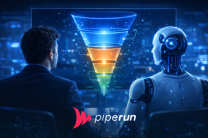 Profissional de vendas e figura de IA vistos de costas em escritório escuro com luz azul, analisando na tela um funil de IA para vendas em estilo neon.