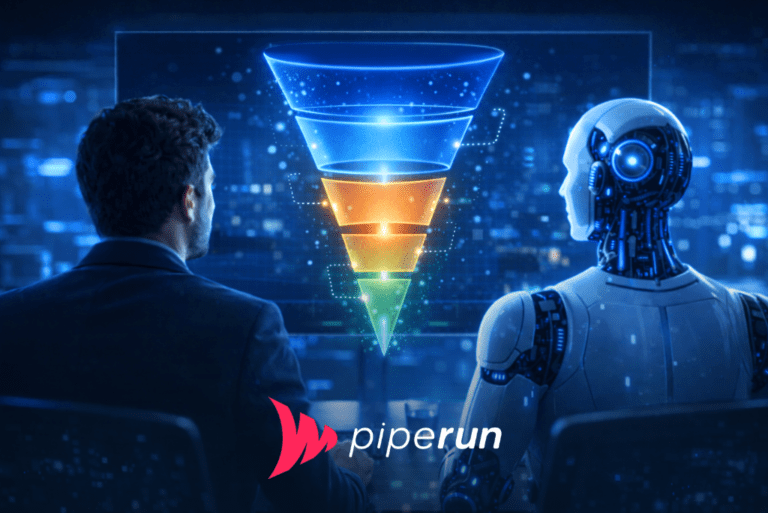 Profissional de vendas e figura de IA vistos de costas em escritório escuro com luz azul, analisando na tela um funil de IA para vendas em estilo neon.