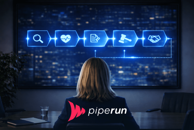 Mulher executiva de costas em sala de reunião, observando no painel um fluxo de etapas de vendas complexas com ícones em azul neon.