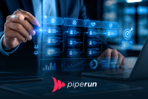 Executivo controlando métricas e etapas do processo comercial em painel digital neon azul em escritório corporativo tecnológico, representando controle de vendas e gestão estratégica do funil comercial.