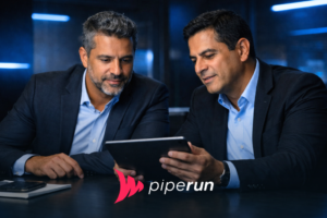 Dois executivos brasileiros em escritório moderno, iluminação azul discreta, analisando um tablet com conteúdo relacionado a playbook de vendas.