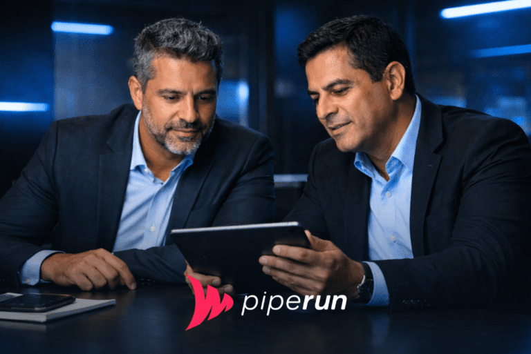 Dois executivos brasileiros em escritório moderno, iluminação azul discreta, analisando um tablet com conteúdo relacionado a playbook de vendas.