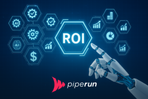 Ilustração sobre inteligência artificial nas empresas mostrando mão robótica apontando para ROI ao centro, cercado por ícones de IA, automação, gráficos de crescimento e métricas financeiras.