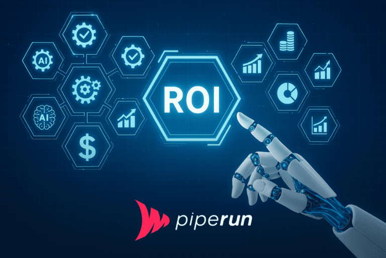 Ilustração sobre inteligência artificial nas empresas mostrando mão robótica apontando para ROI ao centro, cercado por ícones de IA, automação, gráficos de crescimento e métricas financeiras.