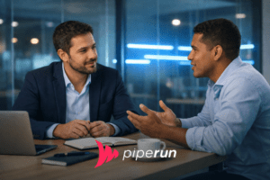 Vendedor utilizando abordagem consultiva para conduzir conversa com cliente em ambiente corporativo