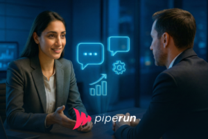 Imagem de uma profissional de roupa social sentada em um escritório tecnológico com iluminação azul ao fundo, conversando com um cliente em uma reunião comercial, com hologramas de balões de fala, gráficos e ícones de crescimento representando argumentos de vendas e troca estratégica