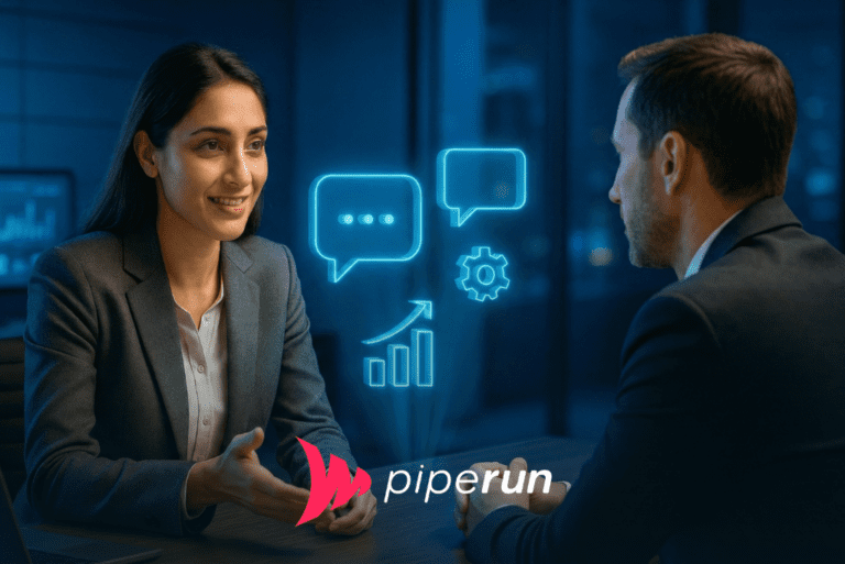 Imagem de uma profissional de roupa social sentada em um escritório tecnológico com iluminação azul ao fundo, conversando com um cliente em uma reunião comercial, com hologramas de balões de fala, gráficos e ícones de crescimento representando argumentos de vendas e troca estratégica