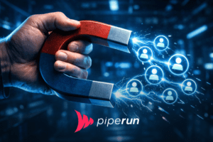 Mão segurando ímã atraindo ícones de pessoas simbolizando geração de leads qualificados.