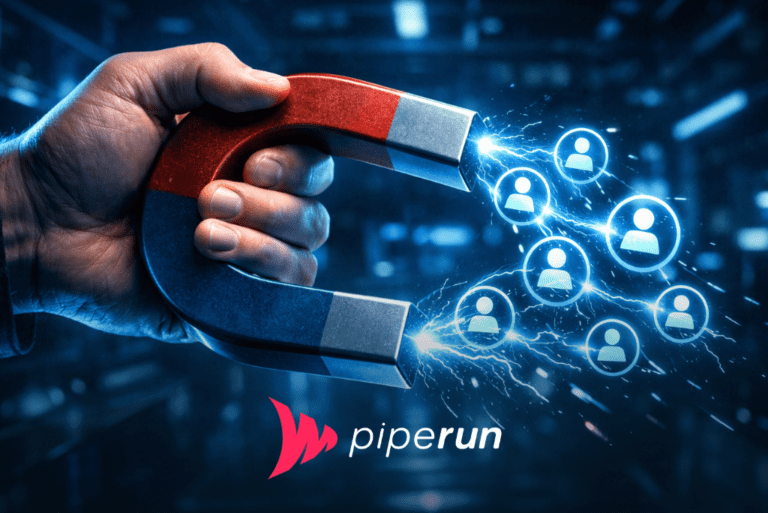 Mão segurando ímã atraindo ícones de pessoas simbolizando geração de leads qualificados.