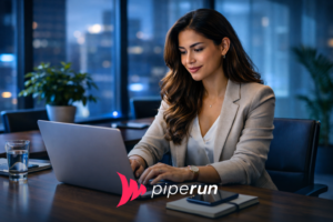 Mulher brasileira em sala de reunião com luz azul, usando notebook em escritório tech, representando CRM para pequenas e médias empresas.