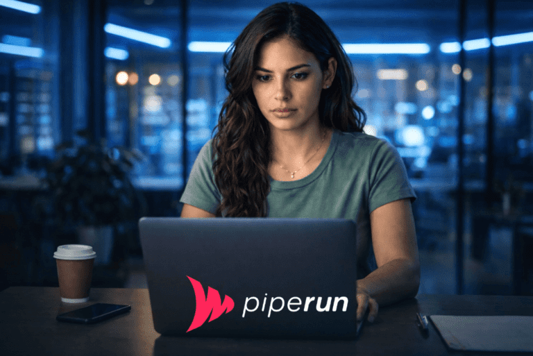 Mulher concentrada usando seu notebook no escritório, representando o uso de um checklist para escolher CRM ideal para o time de vendas.