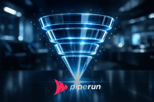 Funil de conversão com camadas iluminadas em azul representando as etapas do processo comercial.