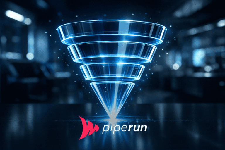 Funil de conversão com camadas iluminadas em azul representando as etapas do processo comercial.