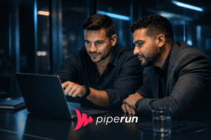 Dois profissionais analisando o melhor CRM brasileiro juntos em um notebook