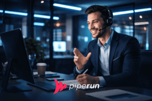 Profissional de vendas corporativas em reunião online, usando headset e terno, anotando em caderno com monitor e materiais de trabalho à frente.