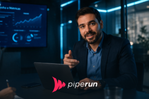 Gestor brasileiro em sala de reunião moderna, usando notebook e apontando para a tela, em ambiente corporativo escuro com luzes neon e estética tecnológica, representando o melhor crm para automatizar os processos comerciais.