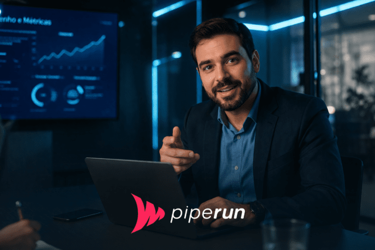 Gestor brasileiro em sala de reunião moderna, usando notebook e apontando para a tela, em ambiente corporativo escuro com luzes neon e estética tecnológica, representando o melhor crm para automatizar os processos comerciais.