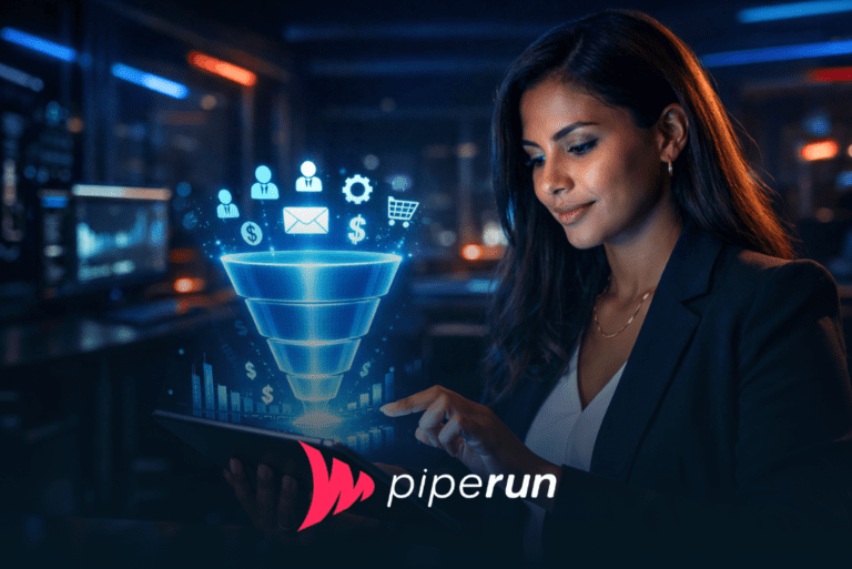 Vendedora brasileira interagindo com a melhor ferramenta para gerenciar funil de vendas