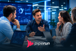 Equipe de desenvolvimento comercial reunida em escritório corporativo moderno analisando estratégias de vendas, métricas e pipeline comercial em ambiente tecnológico.