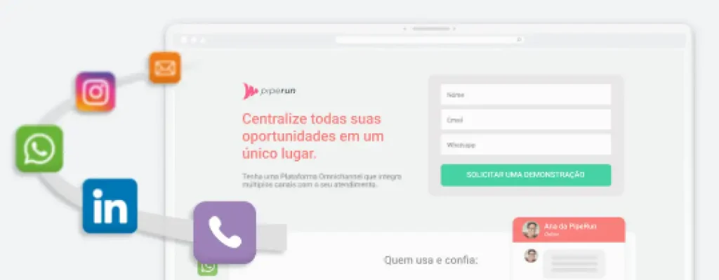 Tela do CRM de vendas PipeRun mostrando integração de múltiplos canais, WhatsApp, Instagram, LinkedIn e e-mail, centralizando oportunidades do funil de vendas em uma única plataforma