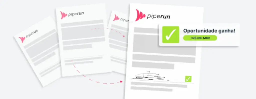 Proposta comercial assinada no CRM de vendas PipeRun com notificação de oportunidade ganha e receita recorrente gerada, integrando gestão de contratos ao funil de vendas.