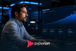 Executivo brasileiro analisa dashboard corporativo com gráfico de crescimento da empresa e métricas de Net Revenue Retention (NRR) em monitor único, em escritório moderno com iluminação azul neon.
