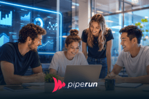 Equipe comercial reunida em escritório moderno com dashboards neon azuis e clima colaborativo, representando produtividade em vendas em ambiente corporativo tecnológico.