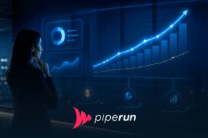Executiva analisando gráfico de crescimento em painel holográfico azul, representando Revenue Growth Management, receita, margem e performance comercial em uma operação B2B.