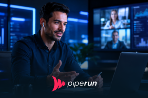 Vendedor B2B em videochamada corporativa com cliente enterprise em escritório moderno, analisando métricas comerciais e negociação estratégica em ambiente tecnológico.