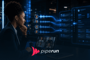 Gestora em videochamada de vendas com IA para transcrição de reuniões e registro no CRM