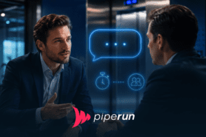 Executivo apresenta elevator pitch em conversa B2B, com ícones holográficos de tempo e contato em azul neon.