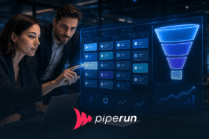 Equipe comercial analisa ferramenta de funil de vendas em painel holográfico azul neon, com pipeline visual, etapas do CRM e previsão de receita em escritório moderno.