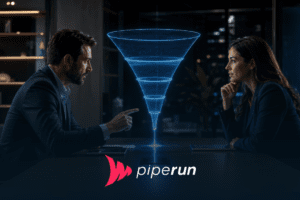 Fundo de funil em vendas B2B com dois profissionais analisando um funil holográfico azul em uma negociação avançada