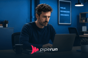 Empresário concentrado em laptop com sistema PipeRun, exemplo de melhor CRM de vendas para pequenas empresas