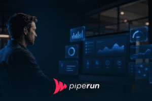 Gestor comercial acompanha métricas de prospecção em dashboard centralizado com gráficos holográficos em neon azul.