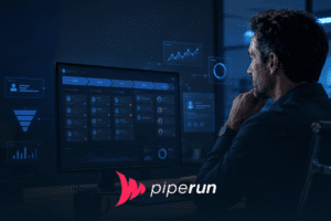 Gestor analisa sistema comercial com funil de vendas e indicadores em painel digital azul.