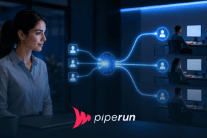 Mulher observa sistema automatizado de distribuição de leads entre diferentes vendedores