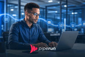 Profissional em escritório tecnológico consulta histórico de vendas em CRM, com linha visual azul que reúne interações, propostas e compras do cliente.