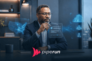 Métricas de performance comercial em CRM com gestor analisando dados internos de vendas e sinais de mercado em interface digital azul