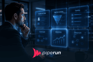 Profissional analisando diferentes funcionalidades do CRM de vendas em uma interface digital com funil, leads, automações, relatórios e integrações.