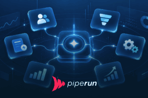 Ilustração horizontal de Revenue Action Orchestration com hub central conectado a módulos de CRM, automação, funil de vendas, dados e crescimento em tons de azul da PipeRun.
