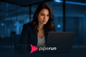 Mulher concentrada no computador durante o processo de implantação de CRM em um escritório moderno.