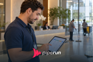 Profissional usando CRM para facilities no tablet durante visita técnica